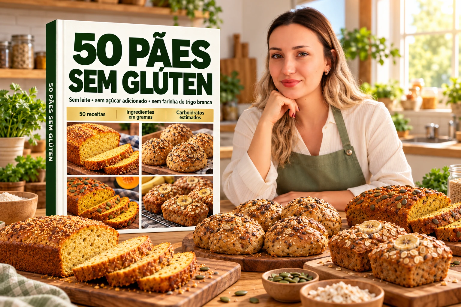 Sua nutricionista na cozinha com o livro 50 Pães sem Glúten e pães ilustrativos